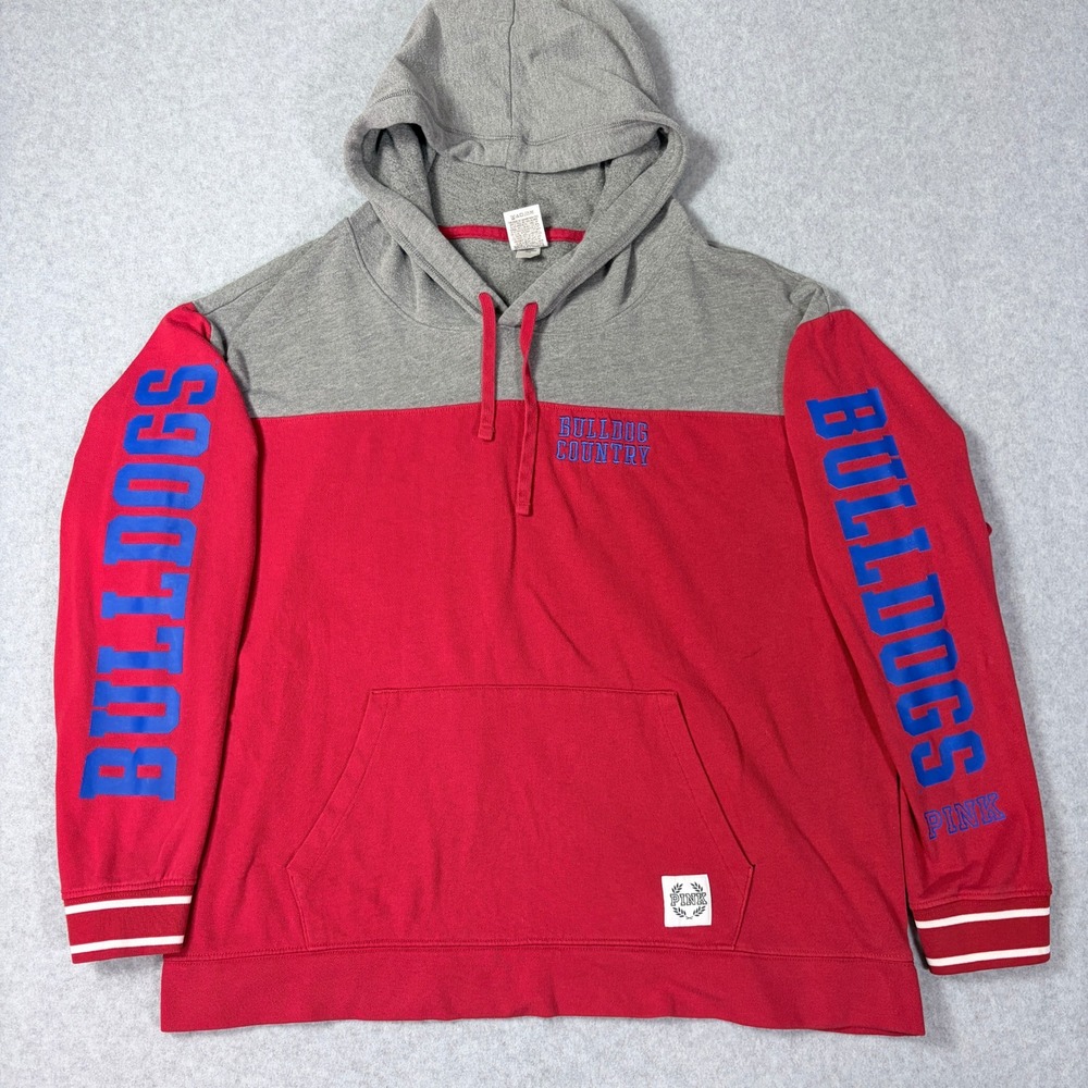 PINK Victoria's Secret Bulldog Country Hoodie Red Gray Colorblock Large 07/16